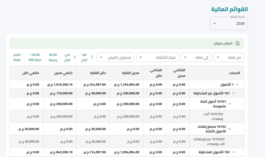 شاشة القوائم المالية في X-WORK تعرض ميزان مراجعة متوازناً حسب مستوى الحساب