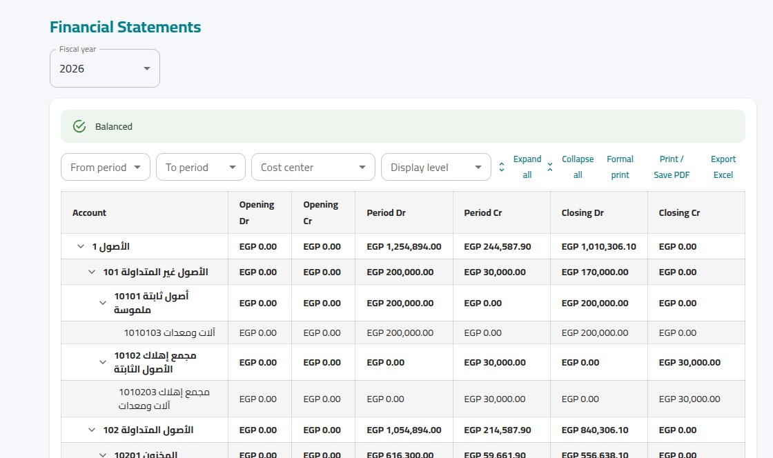 X-WORK financial statements screen showing a balanced trial balance by account level