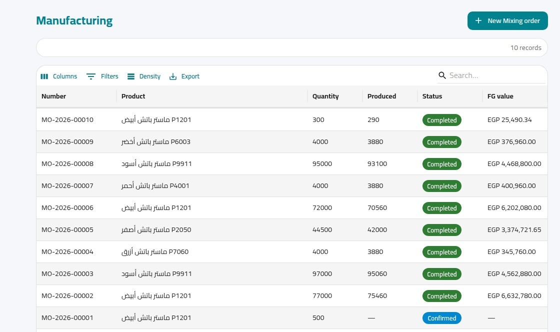 X-WORK manufacturing orders list with ordered quantity, produced quantity, status and finished value